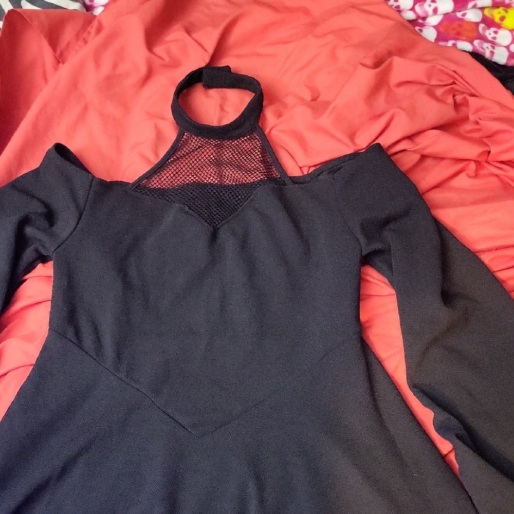 ROMWE Black Halter Mesh  Neck Long Bell Sleeve Cold Shoulder Dress Sz OXL
